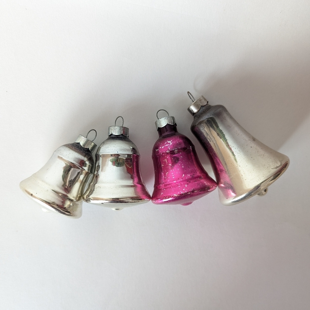 Vintage Mercury Glass Bell Ornaments • Set of 4 • 1950s USA Shiny Brite Style •
